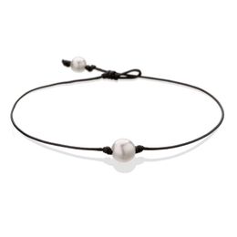 Pearl Single Cultured Freshwater Pearls Necklace Choker for Women Genuine Leather Jewelry Handmade Black 14 inches255S