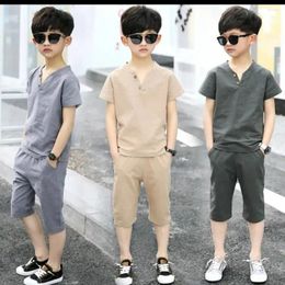 Clothing Sets 2024 Summer Young Boys' Two Pieces Solid Short Sleeve Top Loose Shorts V-Neck Soft Breathable Fashion 5-12 Years Old