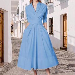 Casual Dresses Women Solid Color Mid-rise Shirt Dress V-Neck Long Sleeve Belt Buttons Half Placket Pockets Loose Hem Midi Lady Workwear