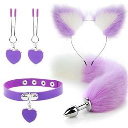 Anal Sex Toys Fox Tail Butt Plug Sexy Plush Cat Ear Headband With Bells Necklace Set Massage toys For Women Couples Cosplay 240102
