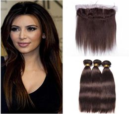 Dark Brown Virgin Indian Human Hair Wefts with Ear to Ear Frontal 3Bundles 4 Chocolate Brown Straight Weaves with 13x4 Lace Front1678481