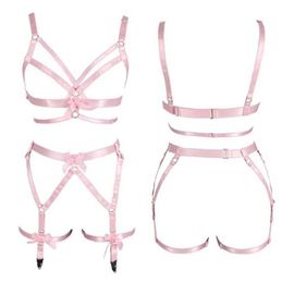 Women Pink Bow Full Body Harness Bra Elastic Plus Size Cupless Bra Hollow Out Strappy Garter Belt Punk Gothic Sexy Lingerie Set S02132352