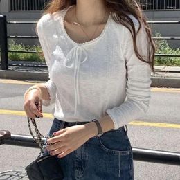 Women's T Shirts Korean Style Lace-up Bow Knitted Top White Grey Casual Basic Crew Neck Slim-fit Long Sleeve T-shirts Cute Knitwear Fall