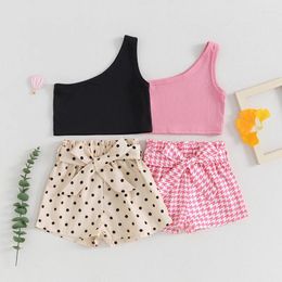 Clothing Sets Girl Summer Set Children Off Shoulder Sleeveless Ribbed Tank Tops Elastic Waist Shorts With Belt 2 Piece