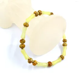 Strand Lemon Jade Bamboo And Dyed Orange Howlite Abacus Bead Bracelet - 5x12mm Sections 4x6mm Beads Elastic Cord