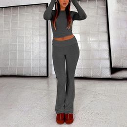 Women's Two Piece Pants Set Solid Colour Tights Long Sleeve Crop Top And Leggings 2024 Autumn Casual 2 Outfits Tracksuit