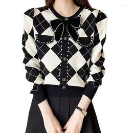 Women's Knits 2024 Plaid Cardigan Women Round Neck With Crystal Bow Slim Long Sleeve Knitted Sweater