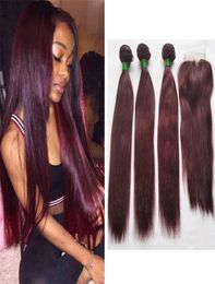 Brazilian Silky Straight Coloured Hair Bundles with Closure Real Human Hair Weave Colour 99J Dark Red 3 Bundles with 4x4 Lace Closur6845376