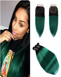 Brazilian Virgin Human Hair Weaves With Lace Closure 1b Dark Green Ombre Human Hair Weaves With Lace Closure Straight Hair Extensi4494124