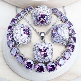 Purple Zirconia Women Bridal Jewellery Sets Silver 925 Fine Costume Jewellery Wedding Earrings Rings Bracelets Pendant Necklace 240102