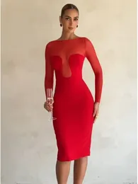 Casual Dresses Sexy See Through Tulle Patchwork Women Midi Dress Red O-neck Long Sleeve Bodycon Female Chic Solid Christmas Party Robes