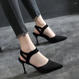 Dress Shoes Black Sexy Pointed Toe Slingbacks Women Thin Heels Hand-made Ladies Comfy Fabric Concise Mature For 2024