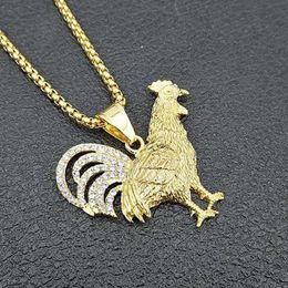 Hip Hop Rhinestones Paved Gold Colour Stainless Steel Chicken Cock Rooster Pendants Necklace for Men Jewelry3152