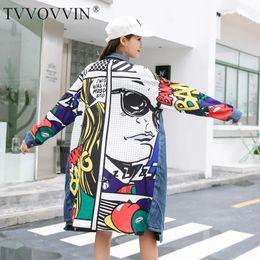 Dresses 2021 Cartoon New Spring Printed Cowboy Patchwork Loose Long Big Size Denim Windbreaker Women Coat Fashion Trench korean B445