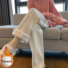 Women's Pants Autumn Winter Corduroy Thicken Basic Trousers Elastic Waist Wide Leg For Women Fleece Warm Casual Cool White Female