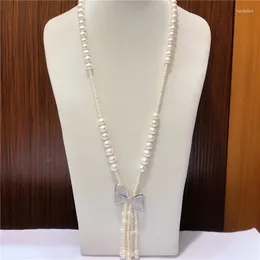 Choker Hand Knotted Natural White Freshwater Pearl Long Sweater Chain Butterfly Accessories Tassel Necklace Fashion Jewelry