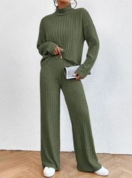 Women's Two Piece Pants 2024 Autumn/winter Women Casual Set High Neck Knitted Solid Color Ladies Sweater Loose Long Sleeve Top