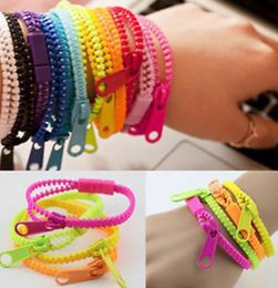 Whole 10pcslot 2015 New Zip Bracelet Wristband Dual Single Color Metal Zipper Bracelet Fluorescent Neon Creative bracelet 8112503