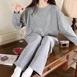 Women's Sleepwear Autumn Winter Fallow Long Sleeve Pijamas Set For Women Simple Solid Colour Home Clothes Round Neck