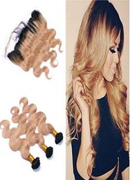 8A Body Wave Honey Blonde Hair With Lace Frontal Closure Brazilian Ombre 1B27 Dark Root Ear To Ear Lace Frontal With Bundles8943111