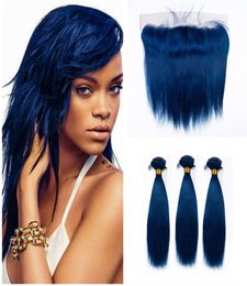 Dark Blue Straight Human Hair Bundles With Lace Frontal Closure 9a Blue Hair 3Bundles With Lace Frontal Malaysian Virgin Hair Weft3406740