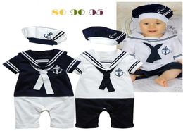 2019 summer baby boy romper navy style turndown collar with tie toddler costume with hat newborn baby clothes 809095 3pcslot a5777161
