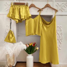 Women's Sleepwear Summer V-Neck Pajamas For Women Yellow Ruffles Satin Sexy Nightwear Pyjamas Comfy Elastic Waist Loungewear Nightgown