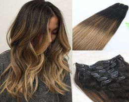 2618 Clip In Human Hair Extensions Balayage Ombre Medium Brown With Ash Blonde Balayage Highlights 120gram 7Pieces3405463