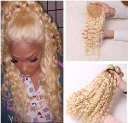 613 Blonde Wet and Wavy Human Hair Weave 3Bundles with Closure Bleach Blonde Virgin Brazilian Water Wave Hair Wefts Extensions8945153