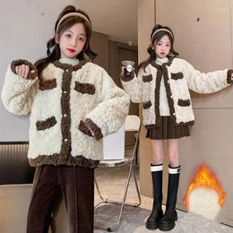 Jackets Girls Fashion Warm Outwear Winter Streetwear O-collar Single-breasted Faux Lamb Wools Short Coat Korean Loose Thick Casual