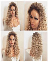 Long brown roots Blonde Kinky Curly full Lace Front Wig Baby hair 180 Density Heat ResistantOmbre Synthetic Wigs For Women9811580
