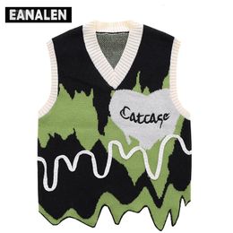 Harajuku Black Green Colorblock Jumper Sweater Vest Women's y2k Retro Oversized Knitted Ugly Sleeveless Sweater Men's Aesthetic 231229