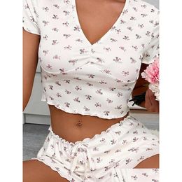 Womens Sleepwear Women Summer 2 Piece Pajama Set Floral Lete Short Sleeve Elastic Shorts Soft Loungewear Drop Delivery Apparel Underwe Otbul