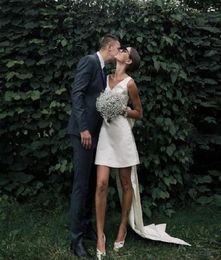 Simple Short Wedding Dresses 2021 Satin V Neck Bride Dress Big Bow on Back White Vestido De Novia Plus Size Formal2603401