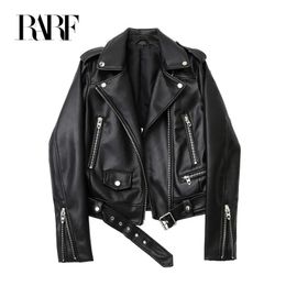 RARF Spring and Autumn faux leather PU jacket with belt women's lapel motorcycle jacket black zip biker jacket 231229