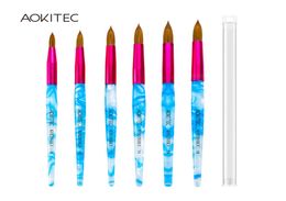 Aokitec Acrylic Nail Brush Kolinsky Hair Acrylic White Swirl Blue Handle with Pink Ferrule Round Shaped3342823