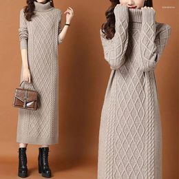 Vestidos casuais elegante gola alta malha vestido longo outono inverno manga roupas femininas básico rosca vintage cor sólida