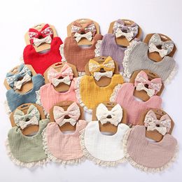 12Sets/Lot Muslin Cotton Baby Bib for born Boy Girl Solid Lace Button Adjustable Saliva Towel Feeding Food Eating Burp Cloth 240102