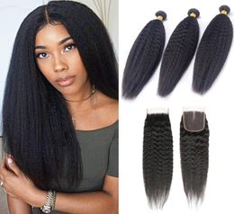 Brazilian Human Hair 3 Bundles With 4X4 Lace Closure Kinky Straight Hair Products 828inch Hair Wefts With Closure Natural Color8586571