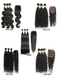 Brazilian Virgin Human Hair Extensions 3 Bundles With Lace Closure Straight Jerry Kinky Curly Body Deep Wave Bundle With 4x4 Closu2342634