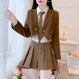 Two Piece Dress Korean College Style Suit Coat For Women Spring Autumn 2024 Crop Blazer And Shirt & Tie Skirt Two-Piece Loose