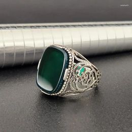 Cluster Rings Vintage Boho Geometry Metal Inlay Green Stone Silver Colors For Men Party Jewelry Gifts