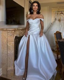 Vintage A-line White Wedding Dress 2024 Off The Shoulder Side Slit Pleat Sweethart Satin Bridal Formal Party Gowns Vestidos De Novia