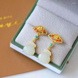 Dangle Earrings Natural Hetian Jade White Purse Stud Temperament Complex Classical Ancientry Chinese Style S925 Sterling Silver