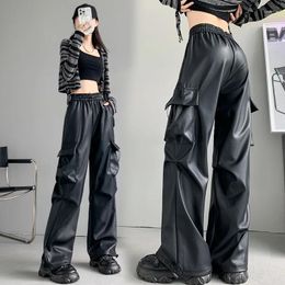 Women's Pants Vintage Leather Cargo Women PU High-waisted Loose Straight Wide Leg Trousers Autumn Female Street Trend Hip-hop