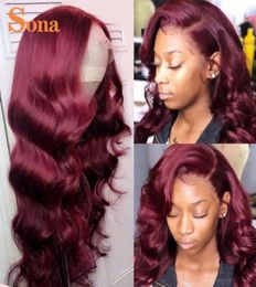 Ombre Red Lace Front Wigs Human Hair Body Wave Transparent Coloured Burgundy Lace Frontal Wigs for Women Wavy46396528743837