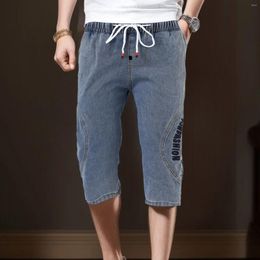 Men's Shorts Mens Denim 90s Vintage Letter Print Stitching Drawstring Trunks Holiday Retro Straight Leg Double Pocket