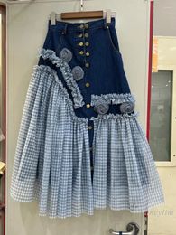 Skirts Korean Fashion Spring And Autumn Denim Mesh Skirt For Women A- Line Stitching Plaid Irregular Tulle Long Jupe Femme