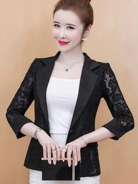 Women's Jackets Autumn Women Jacket Office Lady Black White 2024 Coats And V-Neck Hollow Out Lace Cardigan Coat D381