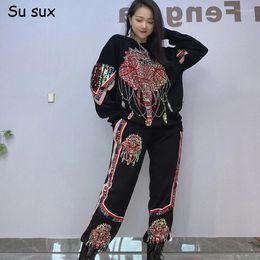 Women's Two Piece Pants Casual Sequins Pullover Knitted Pant Sets Women 2 Set Plus Size Long Sleeve Top And Macthing Autumn Winter